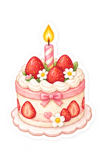 촛불이 켜진 딸기 생일 케이크