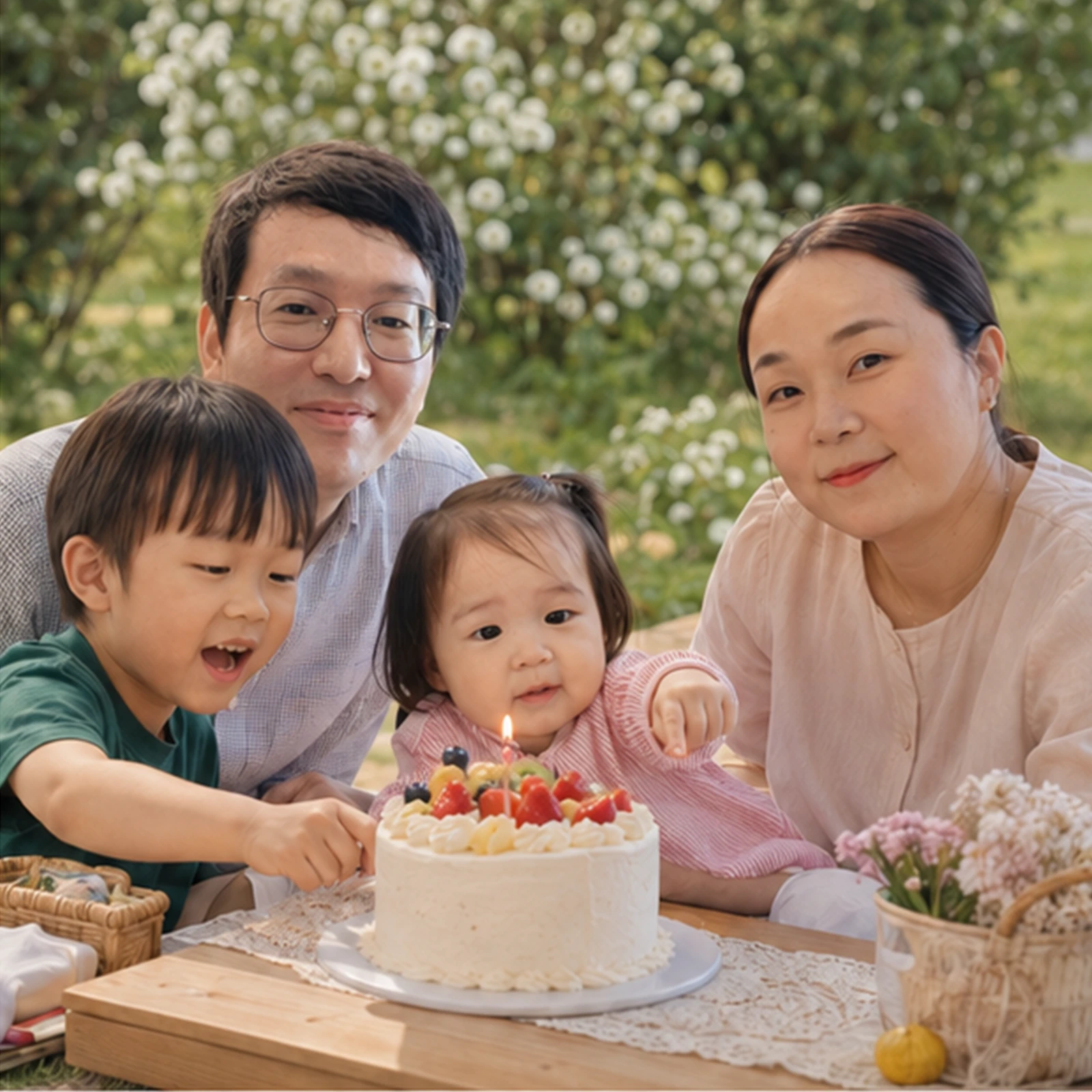윤슬이와 가족 네 사람이 함께한 생일 파티를 상상한 모습: 초록빛 정원에서