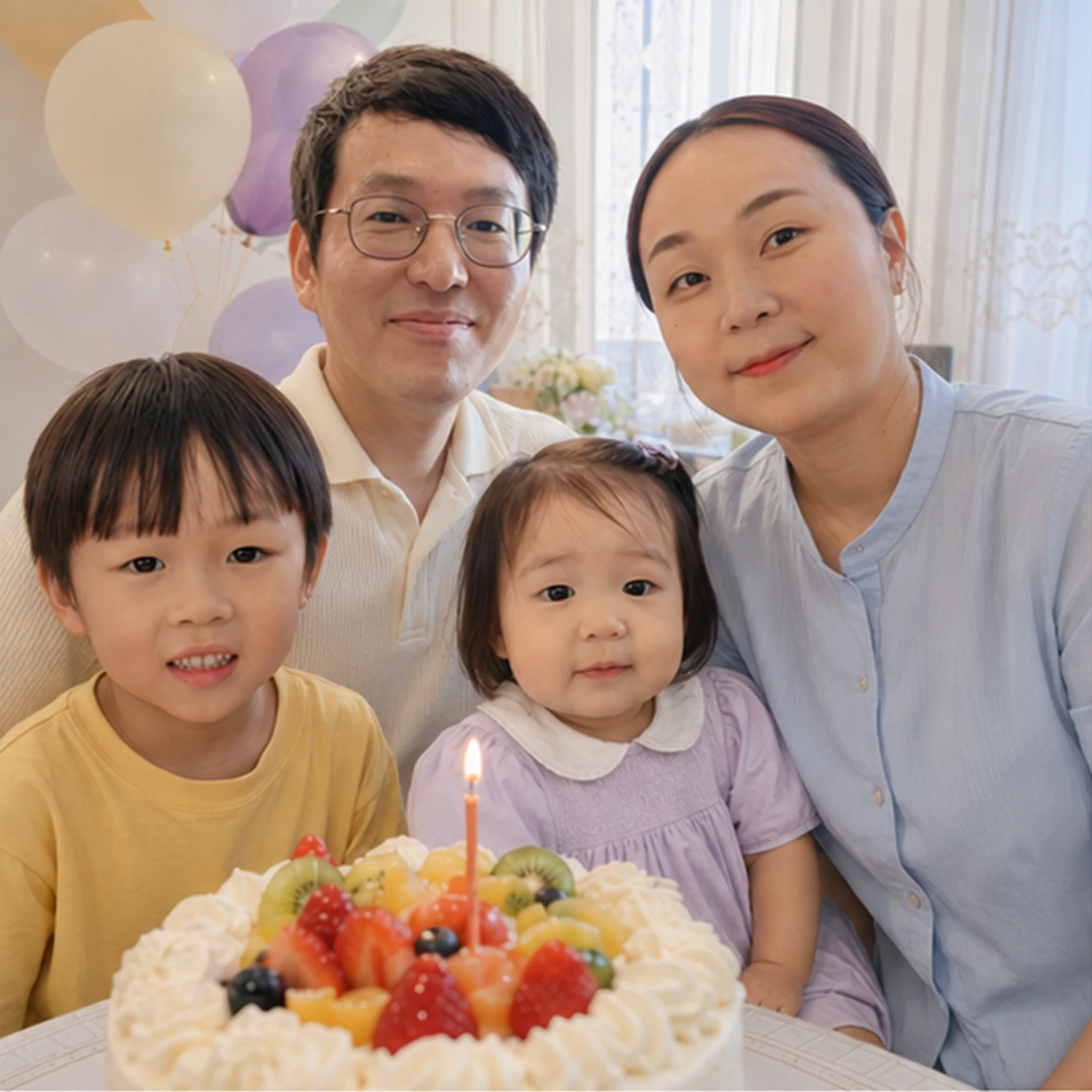 윤슬이와 가족 네 사람이 함께한 생일 파티를 상상한 모습: 햇살 가득한 아침에