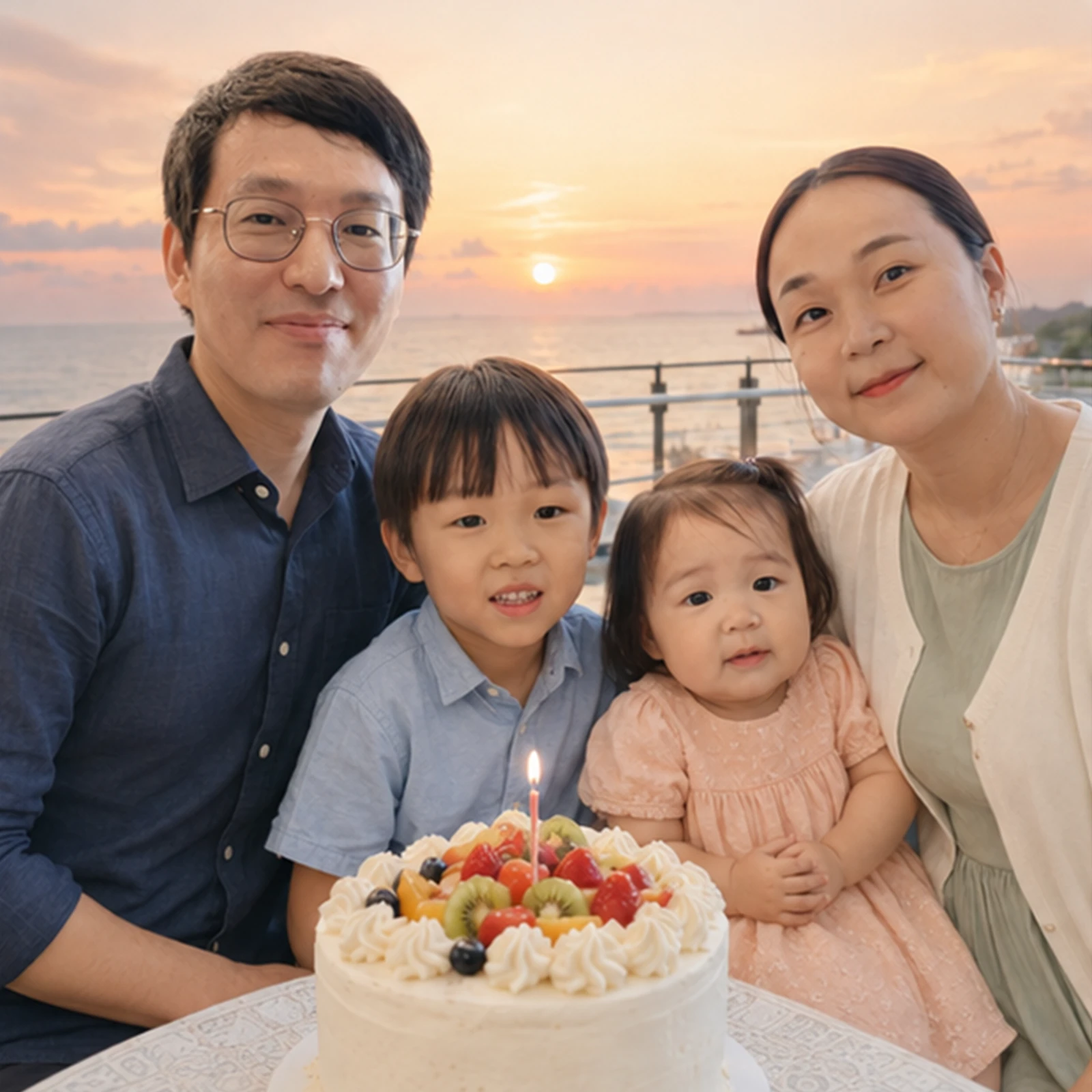 윤슬이와 가족 네 사람이 함께한 생일 파티를 상상한 모습: 노을이 물드는 저녁에